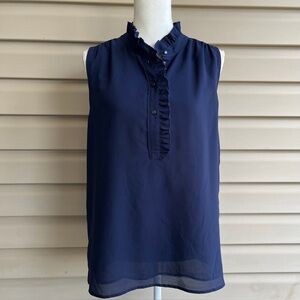 •J.Crew• Lightweight Navy Sleeveless Ruffle Neck Blouse - Size 14
